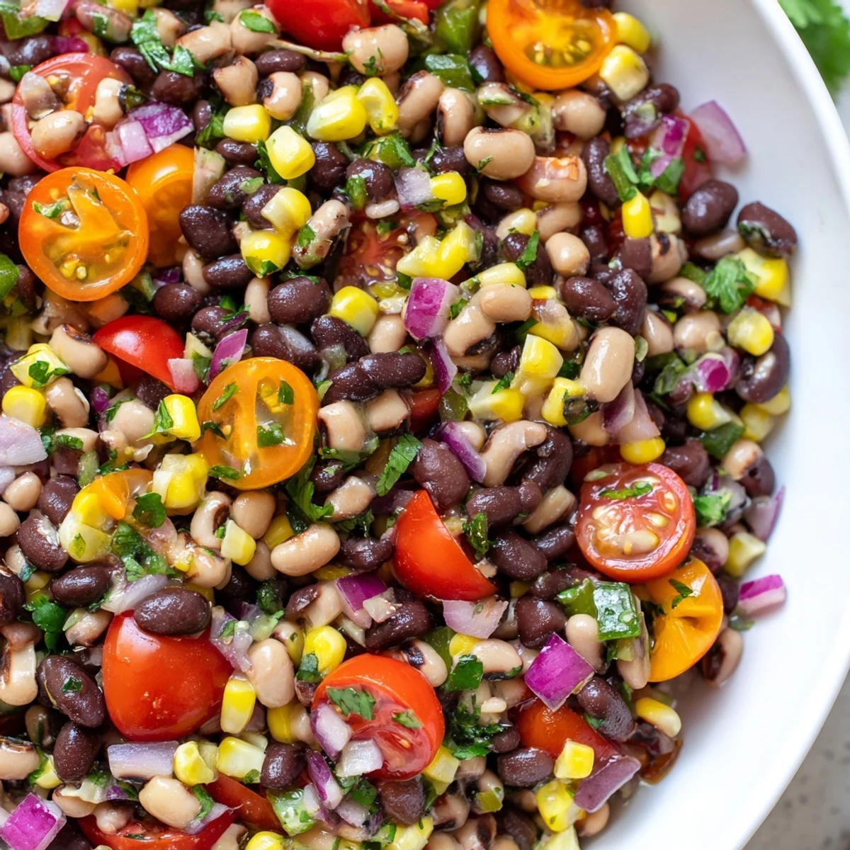 Vibrant cowboy caviar glistening with zesty lime dressing, flecked with fresh cilantro and diced peppers