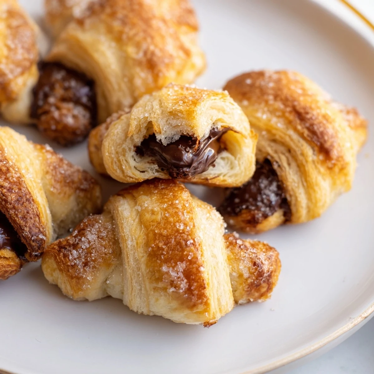 Golden chocolate croissant cookies with melted semi-sweet centers on a wire rack