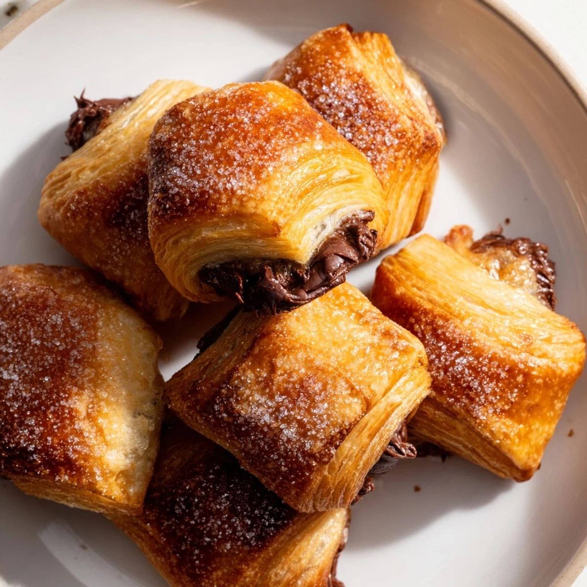 Buttery chocolate croissant cookies arranged on parchment with crisp golden layered edges
