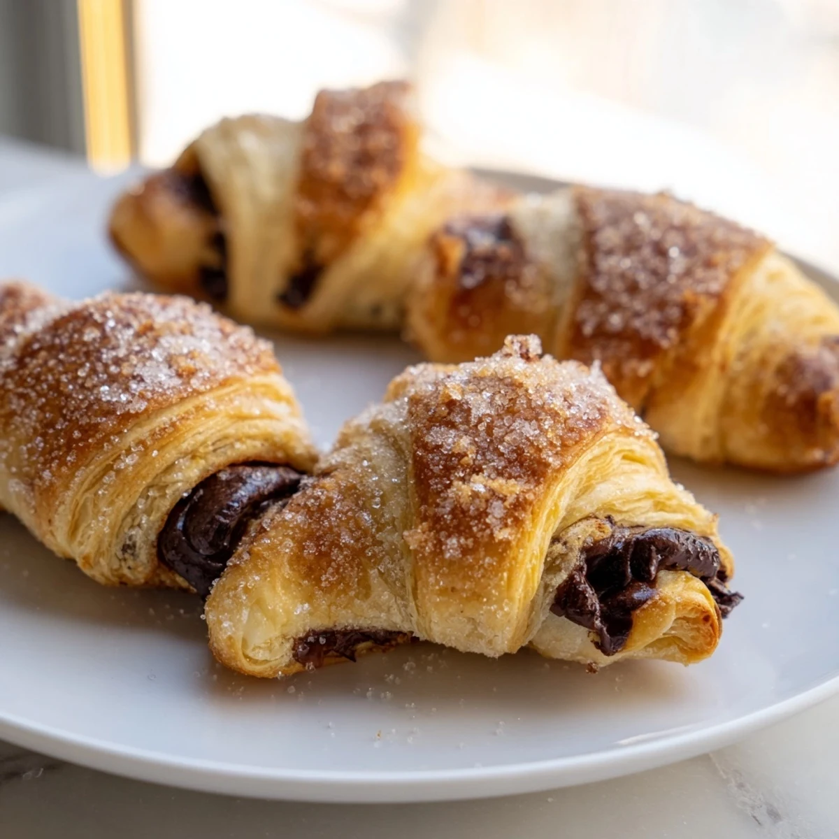 Flaky chocolate croissant cookies dusted with sparkling sugar fresh from the oven
