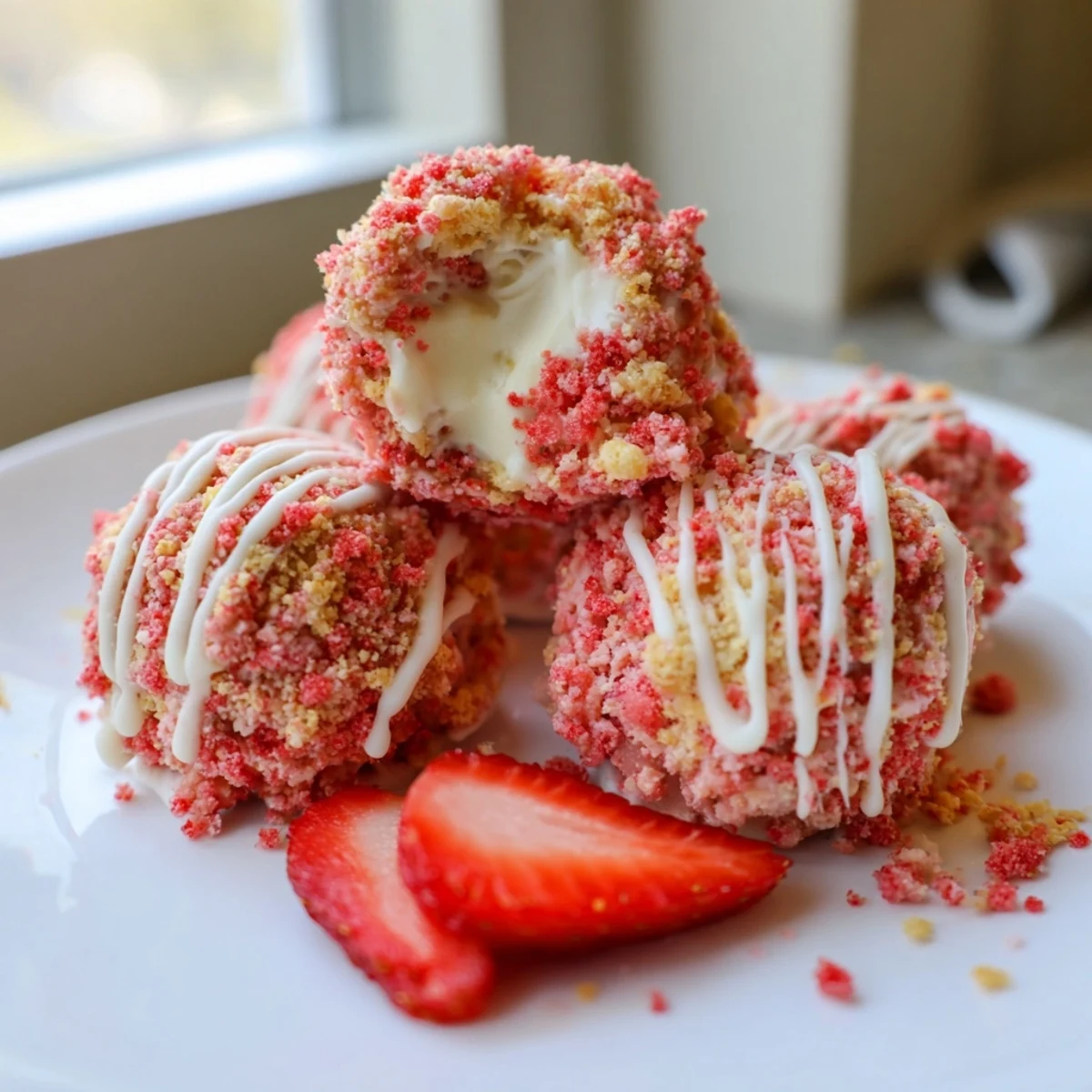Creamy strawberry crunch cheesecake bites coated in bright pink cookie crumbles on a tray