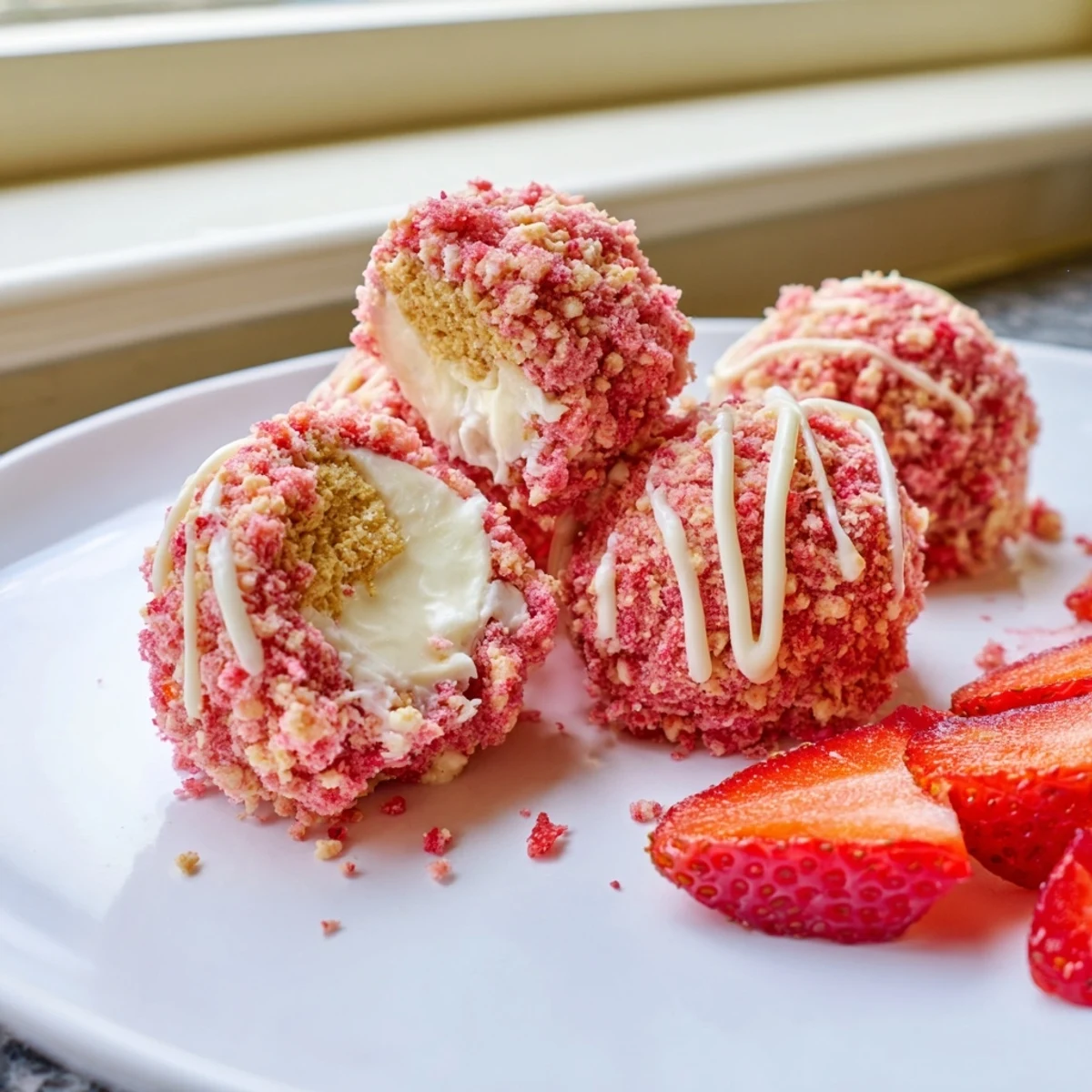 Golden strawberry crunch cheesecake bites drizzled with white chocolate and topped with fresh berries