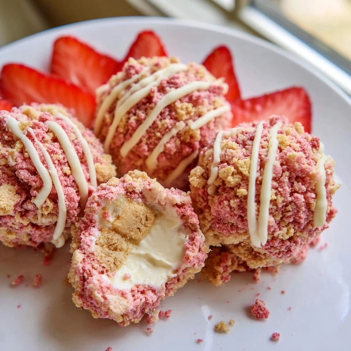 Fluffy no-bake strawberry crunch cheesecake bites rolled in sweet strawberry cookie crust coating