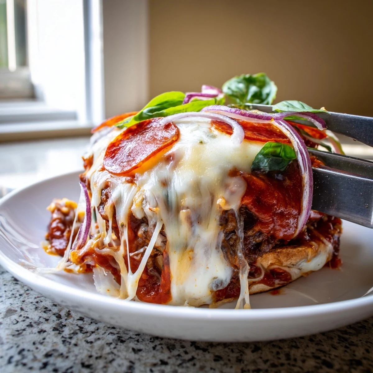 Juicy pizza burgers topped with melted mozzarella, pepperoni, and colorful bell peppers on toasted buns