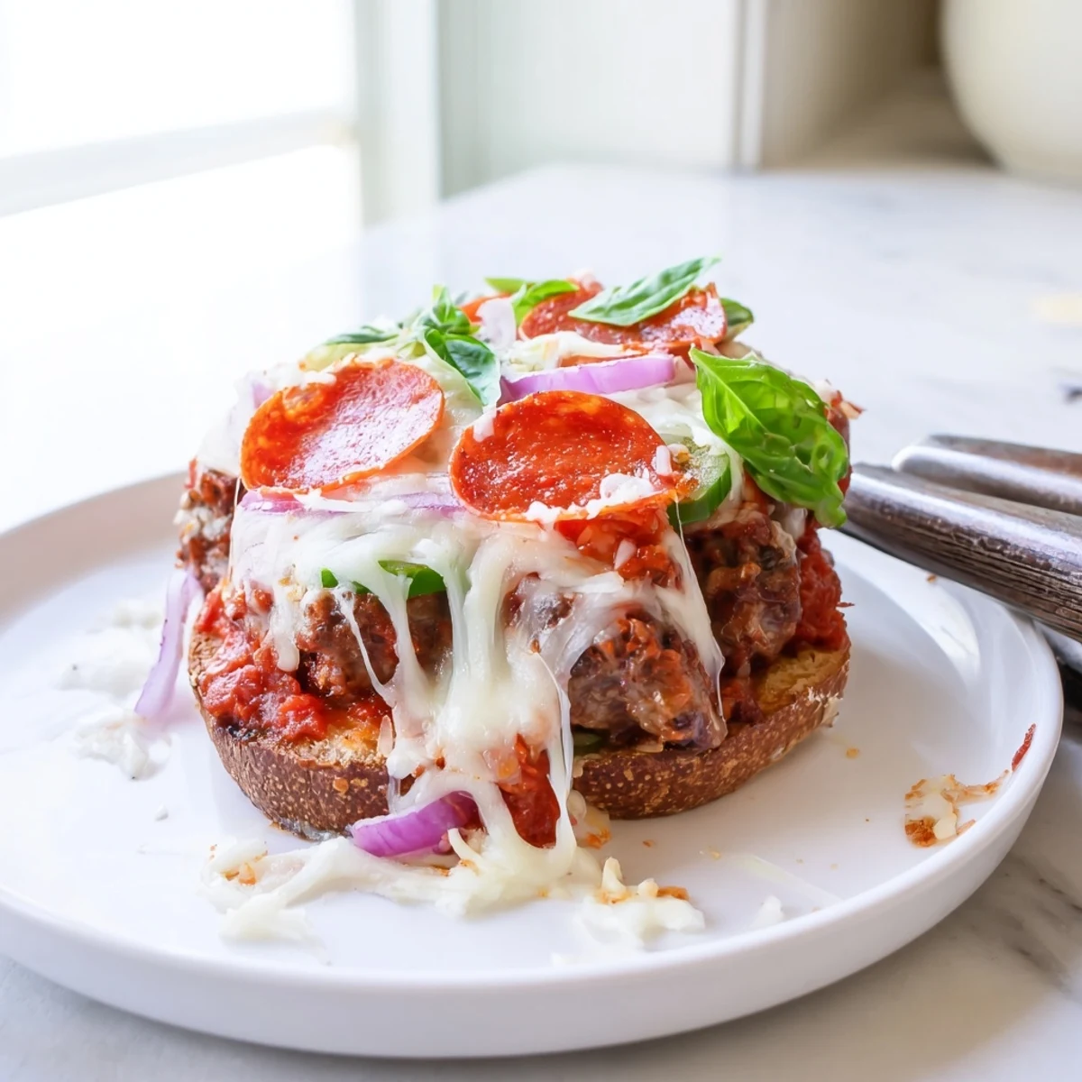 Gooey mozzarella stretches over pepperoni-topped pizza burgers with vibrant red onion and bell pepper
