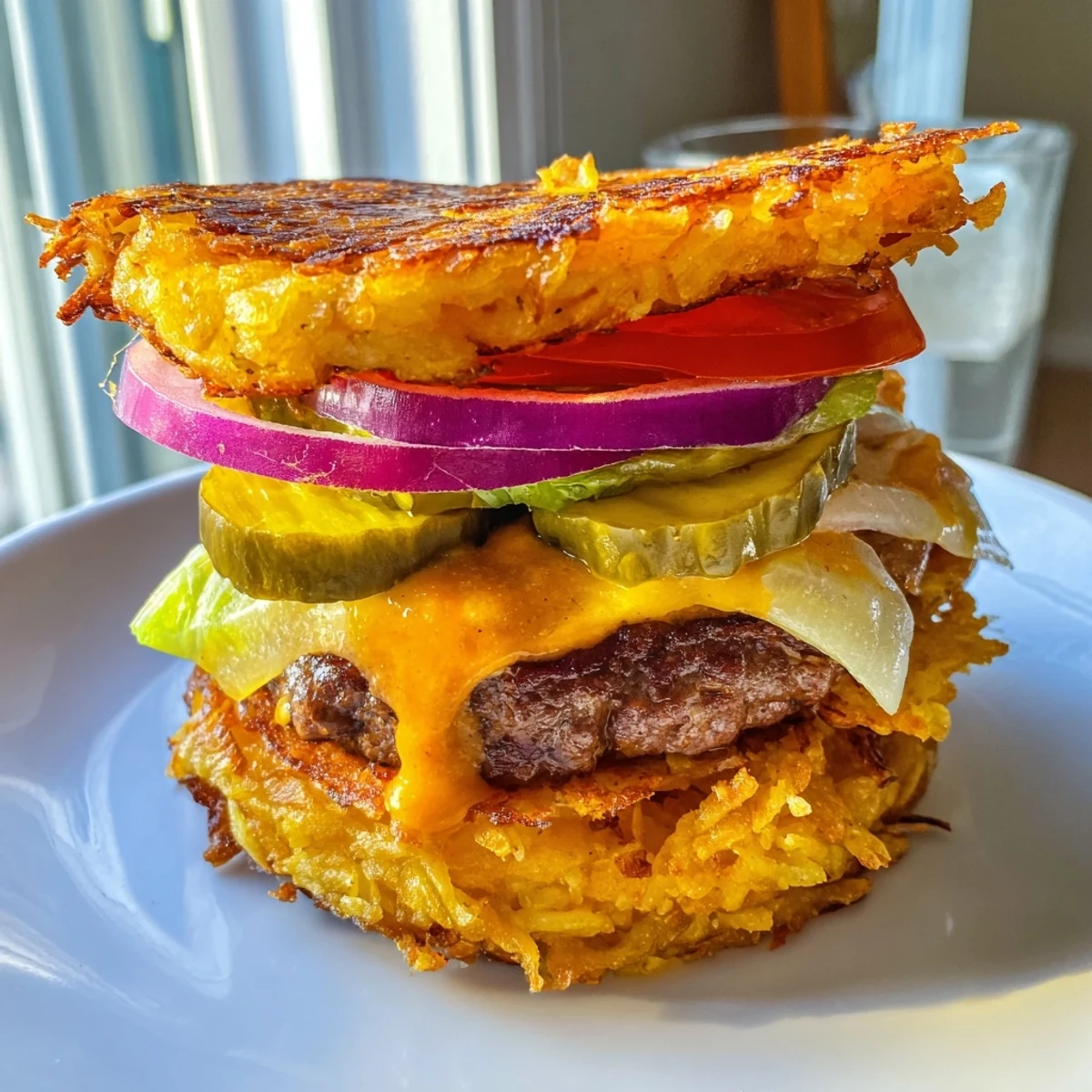 Crispy Hash Brown Smash Burgers stacked with melted cheddar on toasted buns