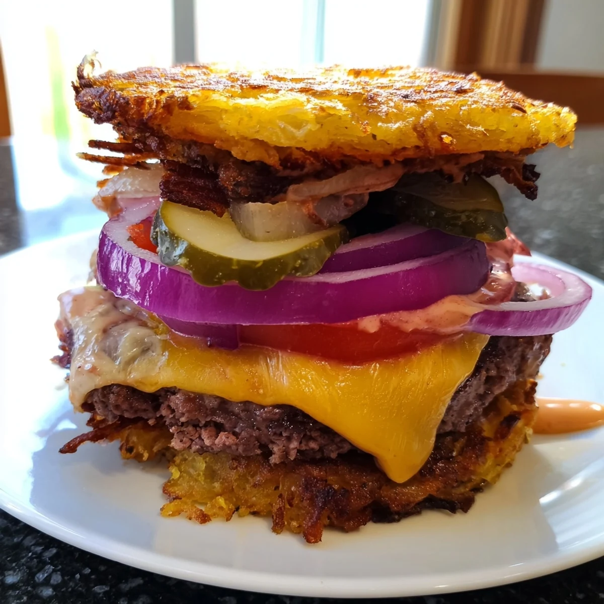 Juicy Crispy Hash Brown Smash Burgers layered with golden hash browns and pickles