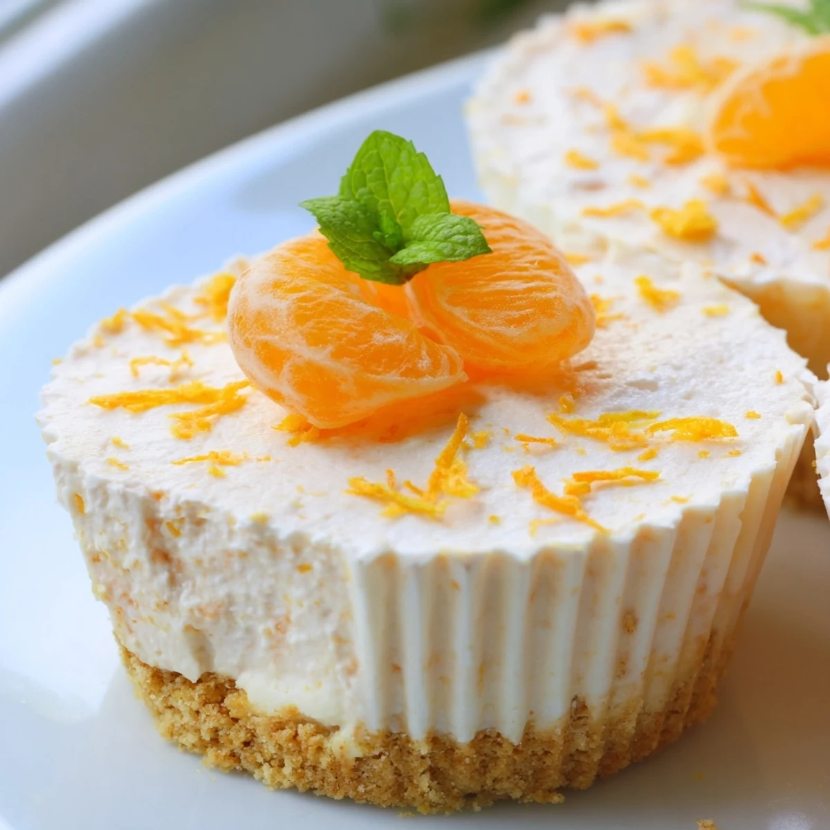 Creamy mini no bake orange cheesecakes topped with fresh orange segments and mint