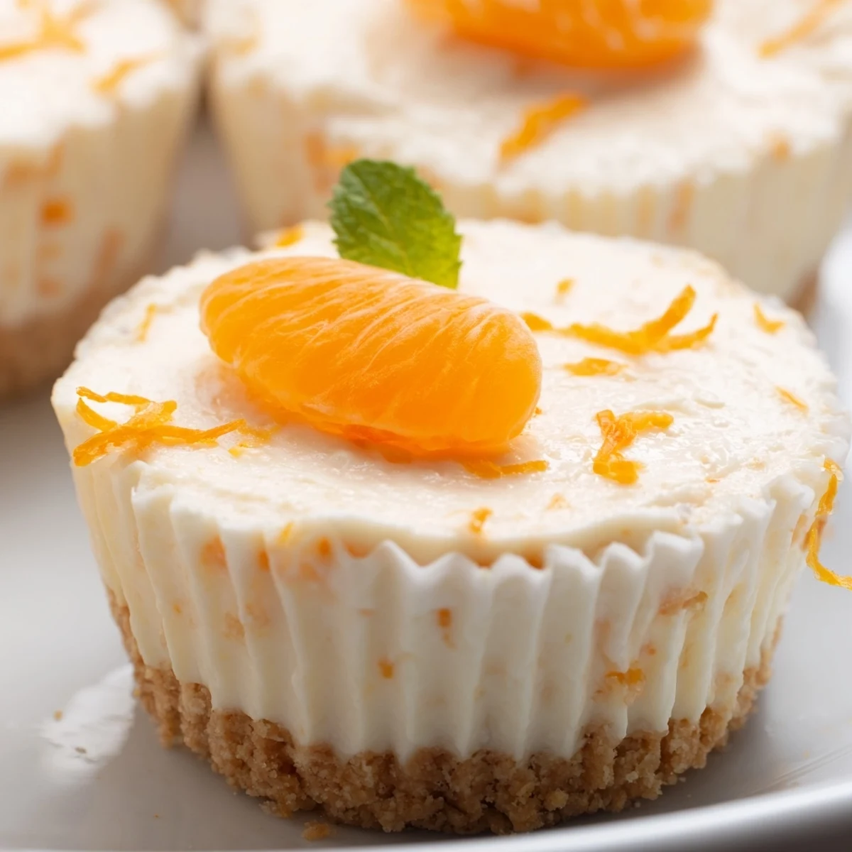 Tangy mini no bake orange cheesecakes piped high and garnished with citrus zest