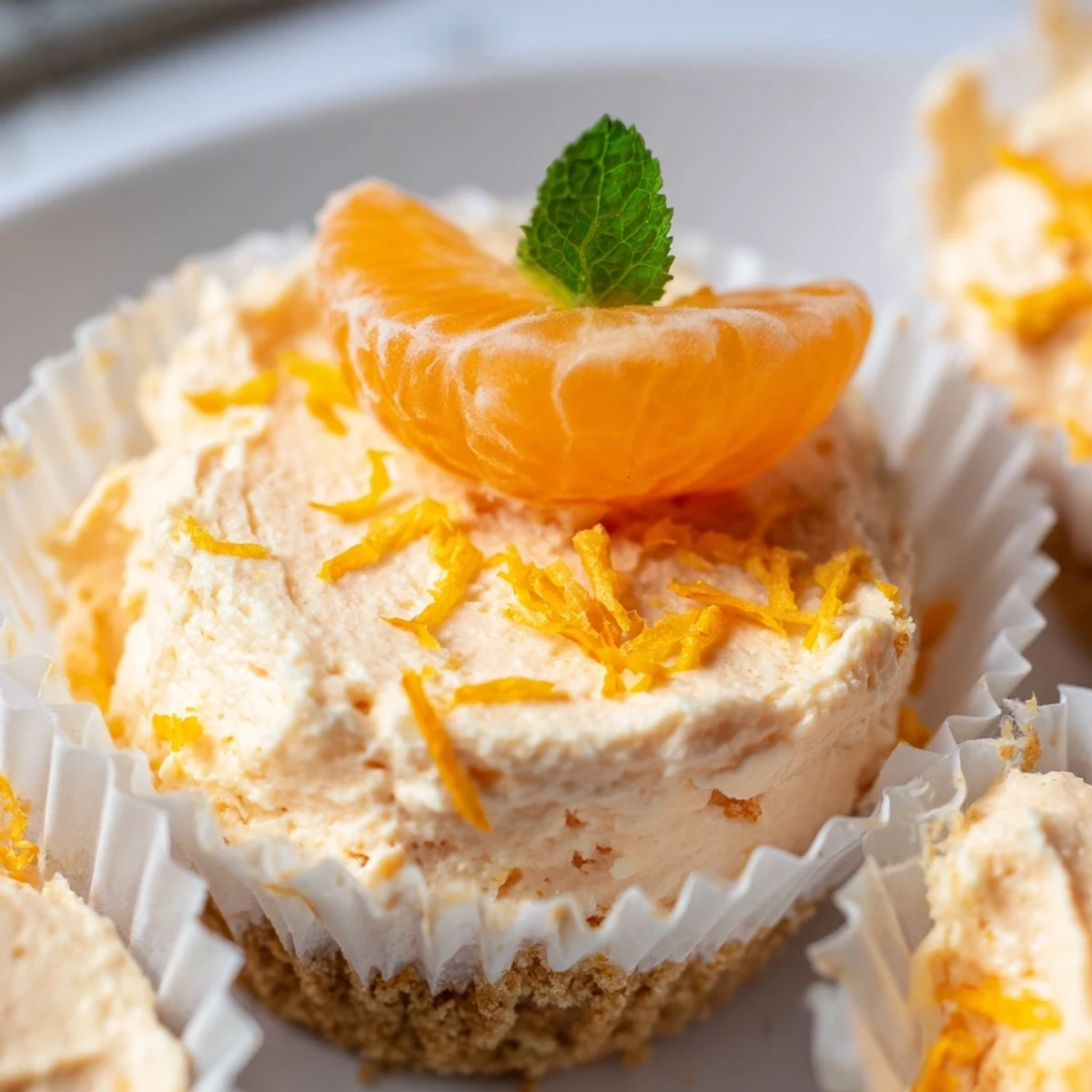 Mini no bake orange cheesecakes with golden graham cracker crust in muffin liners