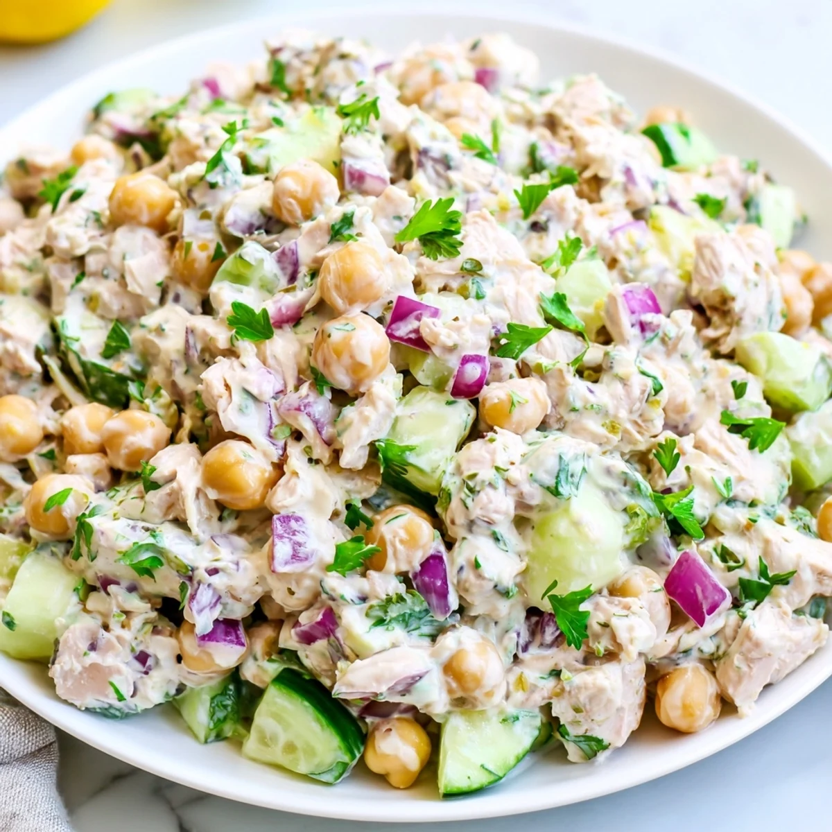 Creamy tuna chickpea cucumber salad served on a rustic wooden spoon with crisp vegetables