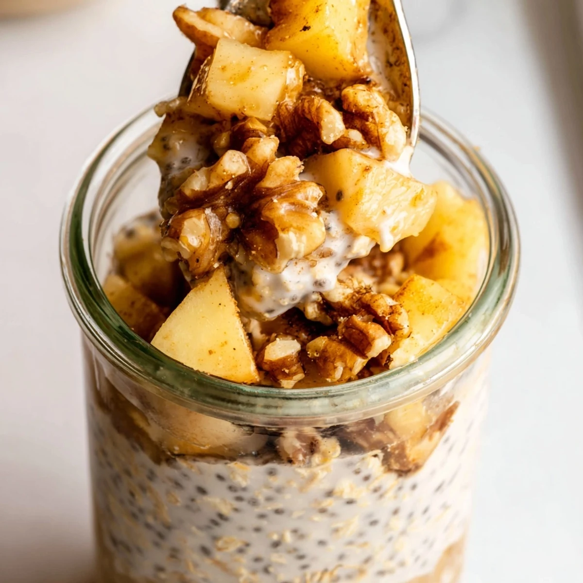 Apple Crumble Overnight Oats layered in glass jars topped with golden crumble