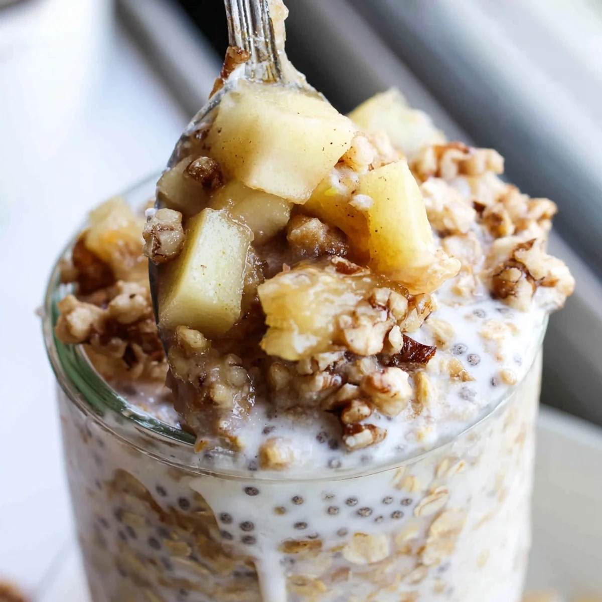 Creamy Apple Crumble Overnight Oats with cinnamon apples and crunchy walnut streusel