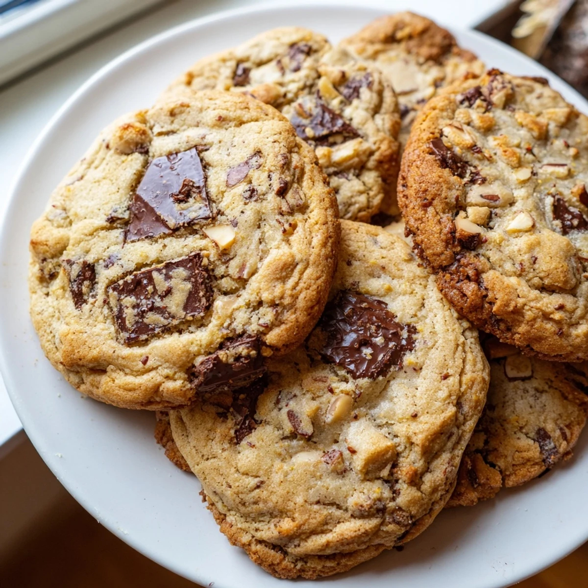 Warm orange almond chocolate chunk cookies fresh from the oven with gooey centers