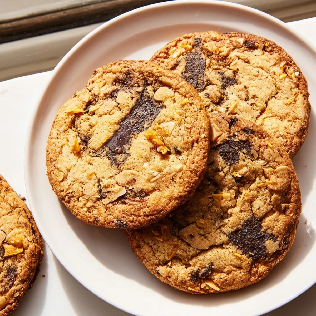 Golden orange almond chocolate chunk cookies loaded with melted dark chocolate pieces