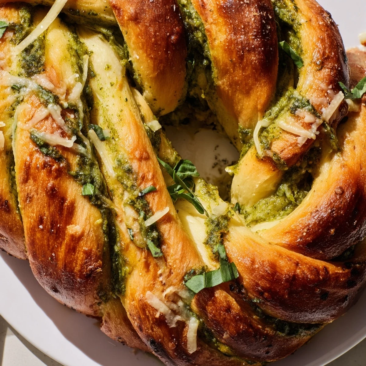 Golden braided cheesy pesto bread fresh from the oven with bubbling mozzarella and fragrant basil
