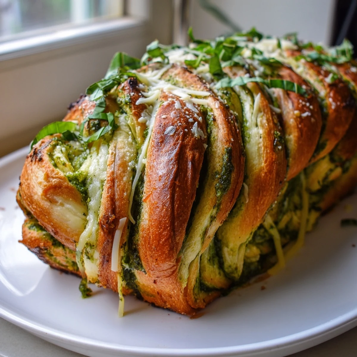 Warm cheesy braided pesto bread sliced open to reveal stretchy melted cheese and herb filling