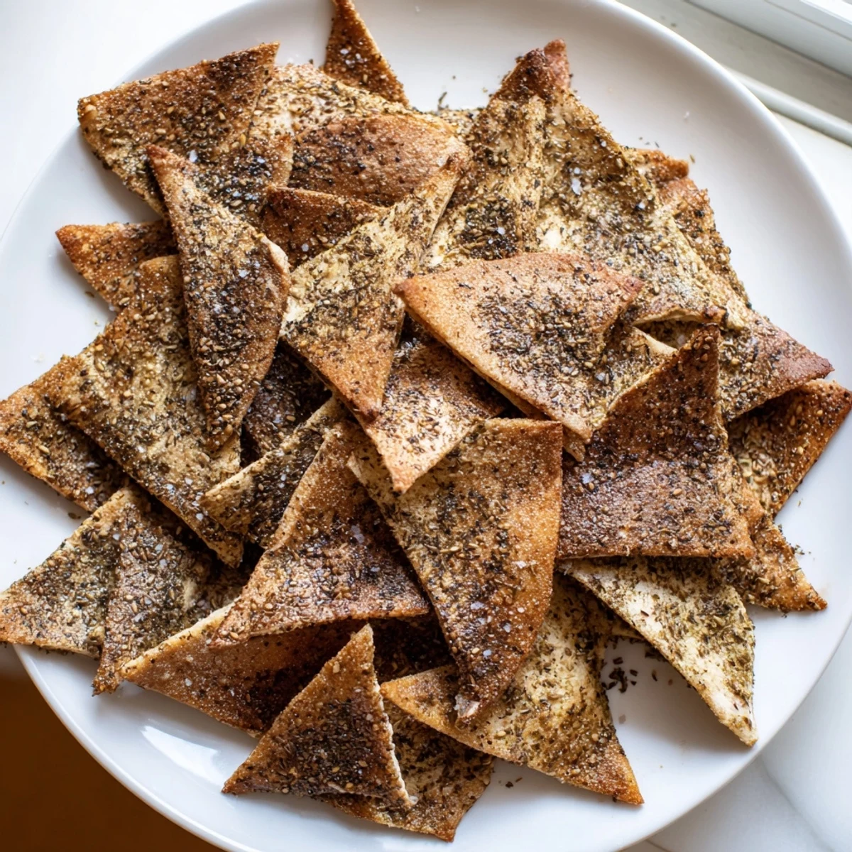 Crispy baked zaatar pita chips arranged on a platter beside creamy hummus