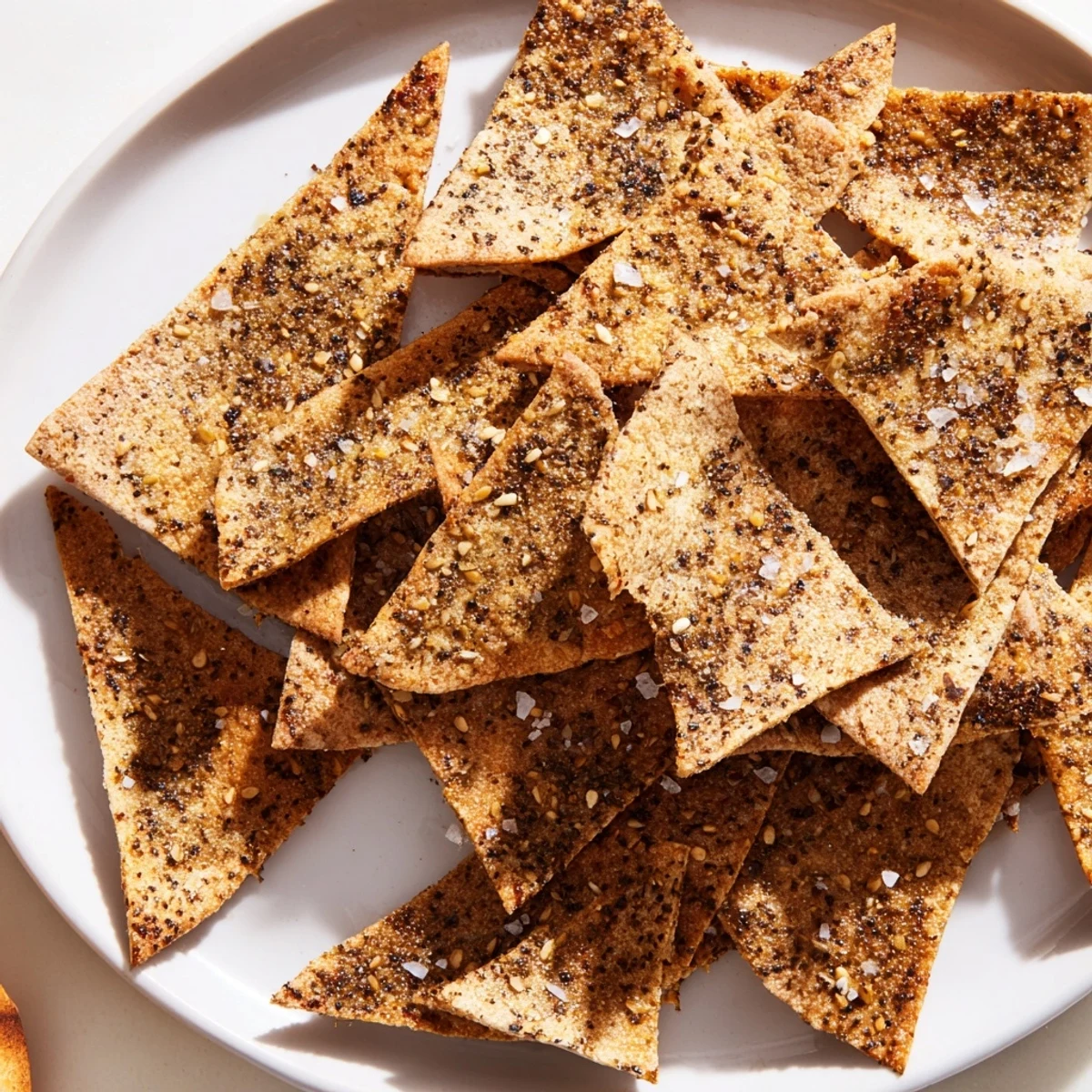 Warm zaatar pita chips brushed with olive oil and sprinkled with spices