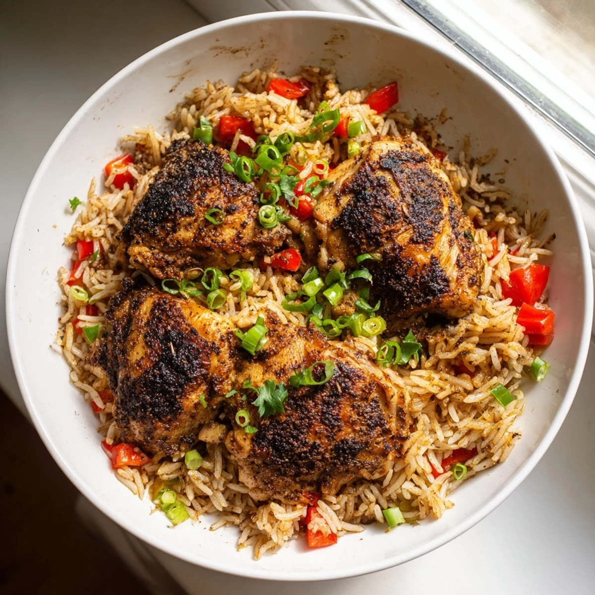 Golden jerk chicken thighs nestled in fragrant coconut rice with colorful bell peppers and fresh herbs