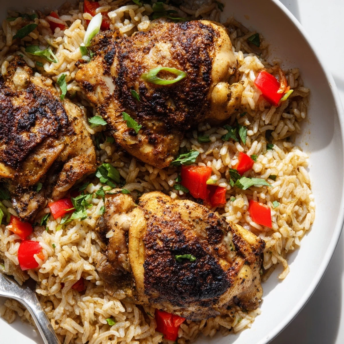 Spicy jerk chicken rice steaming in a skillet topped with spring onions and lime wedges