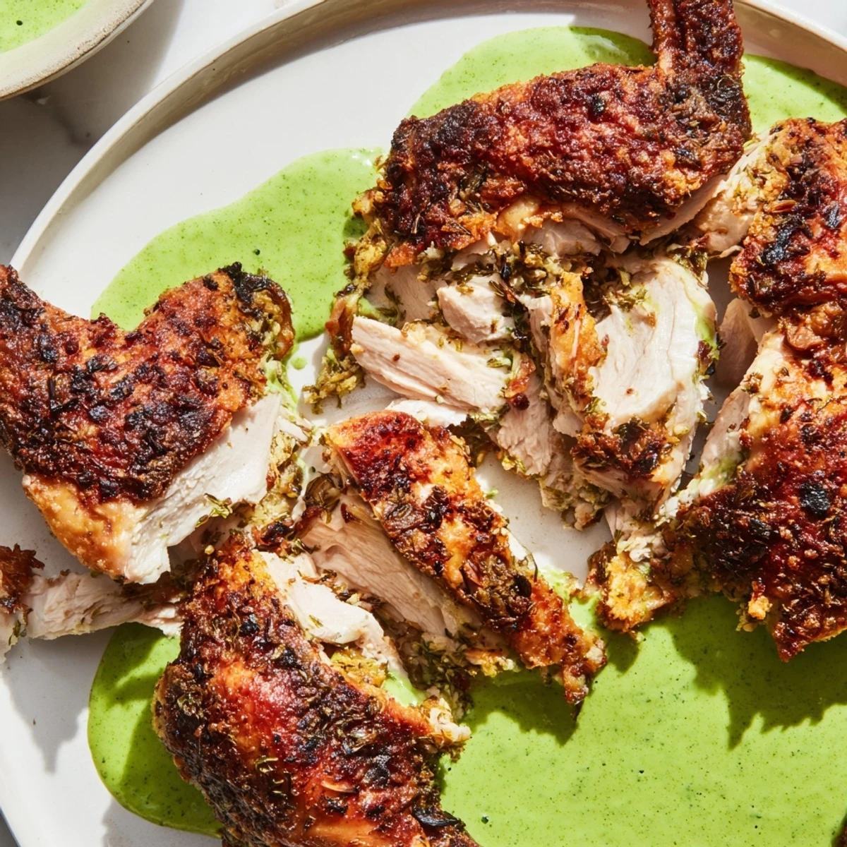 Juicy Peruvian Chicken Delight sliced on a platter drizzled with creamy cilantro sauce