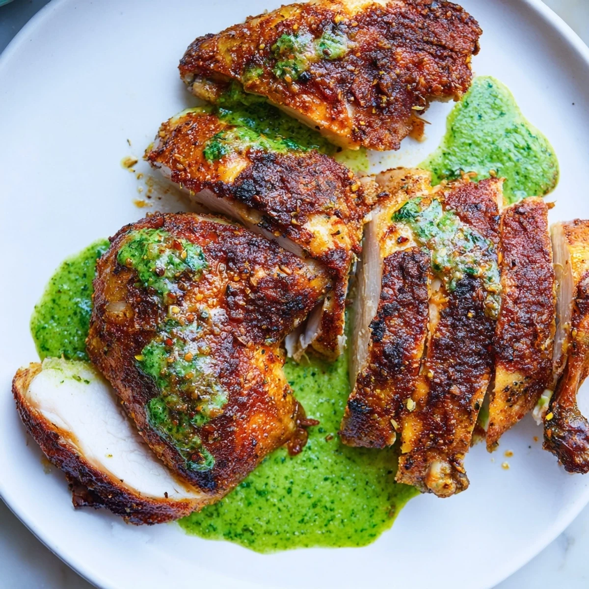 Golden crispy Peruvian Chicken Delight roasted with aromatic spices and fresh herbs