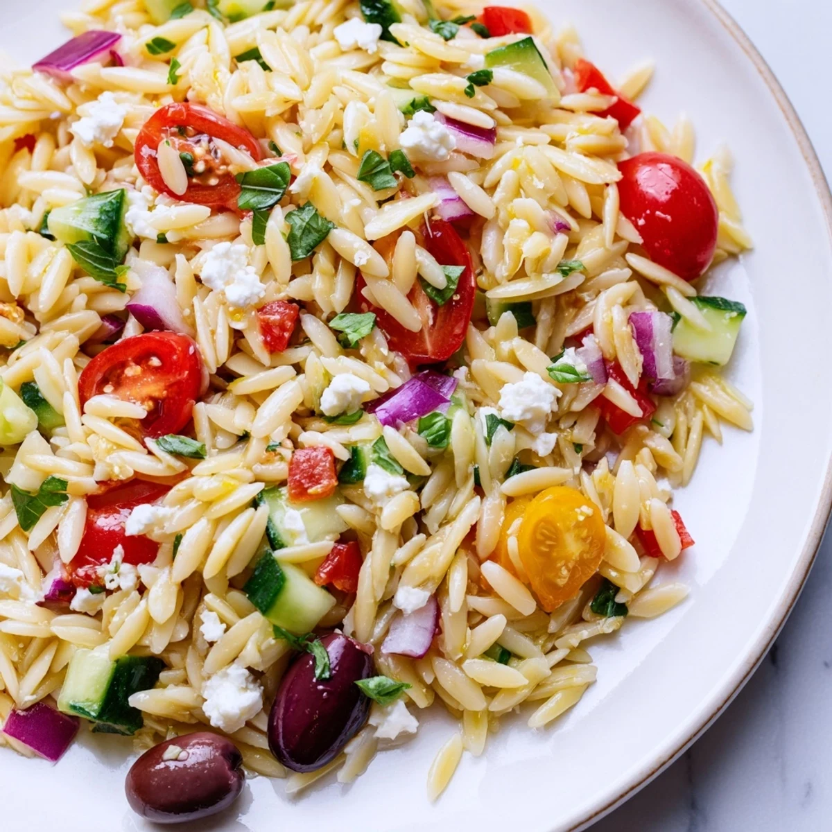 Colorful Mediterranean Orzo Pasta Salad brimming with juicy tomatoes, cucumber, and crumbled feta cheese
