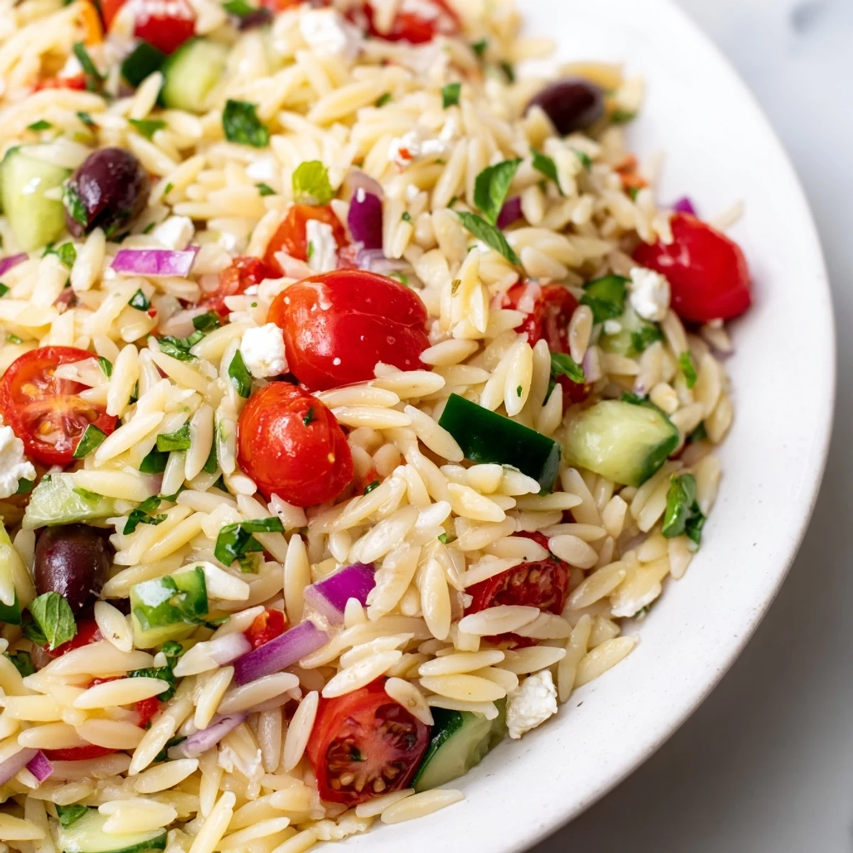 Vibrant Mediterranean Orzo Pasta Salad served in a white bowl showcasing tender orzo and bright vegetables