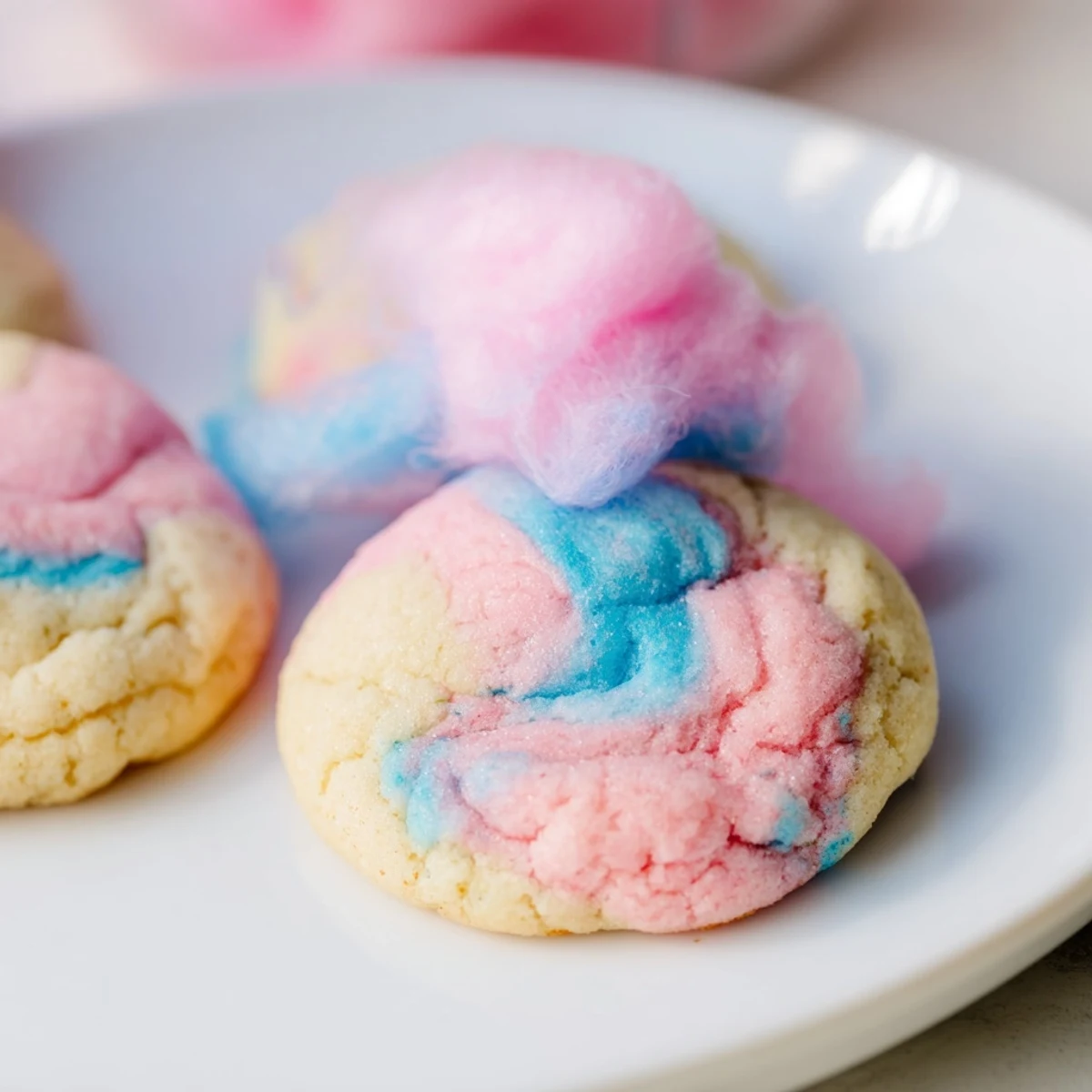 Soft cotton candy cookies with swirled pink and blue frosting on a rustic plate