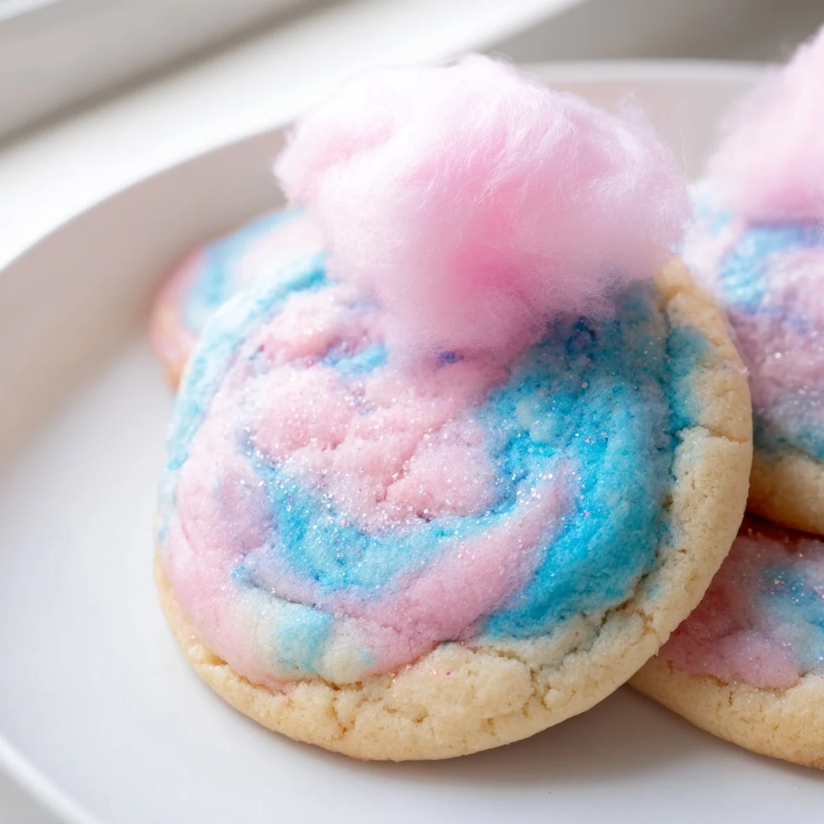 Giant cotton candy cookies topped with fluffy spun sugar on pastel napkins