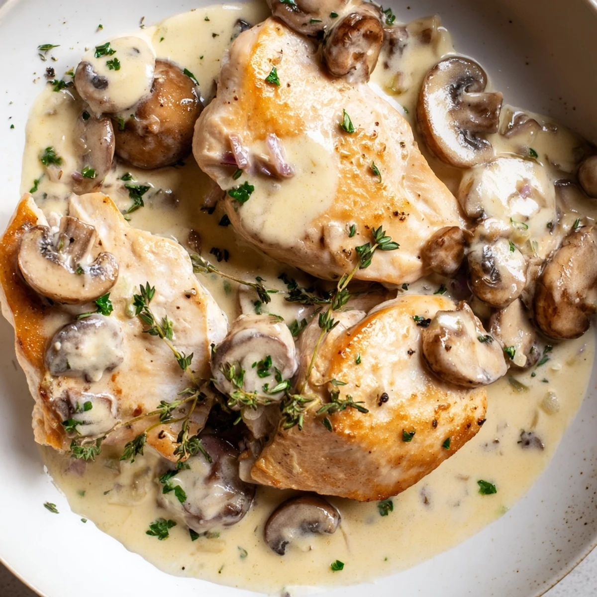 Creamy mushroom chicken with golden herb potatoes on a rustic white plate