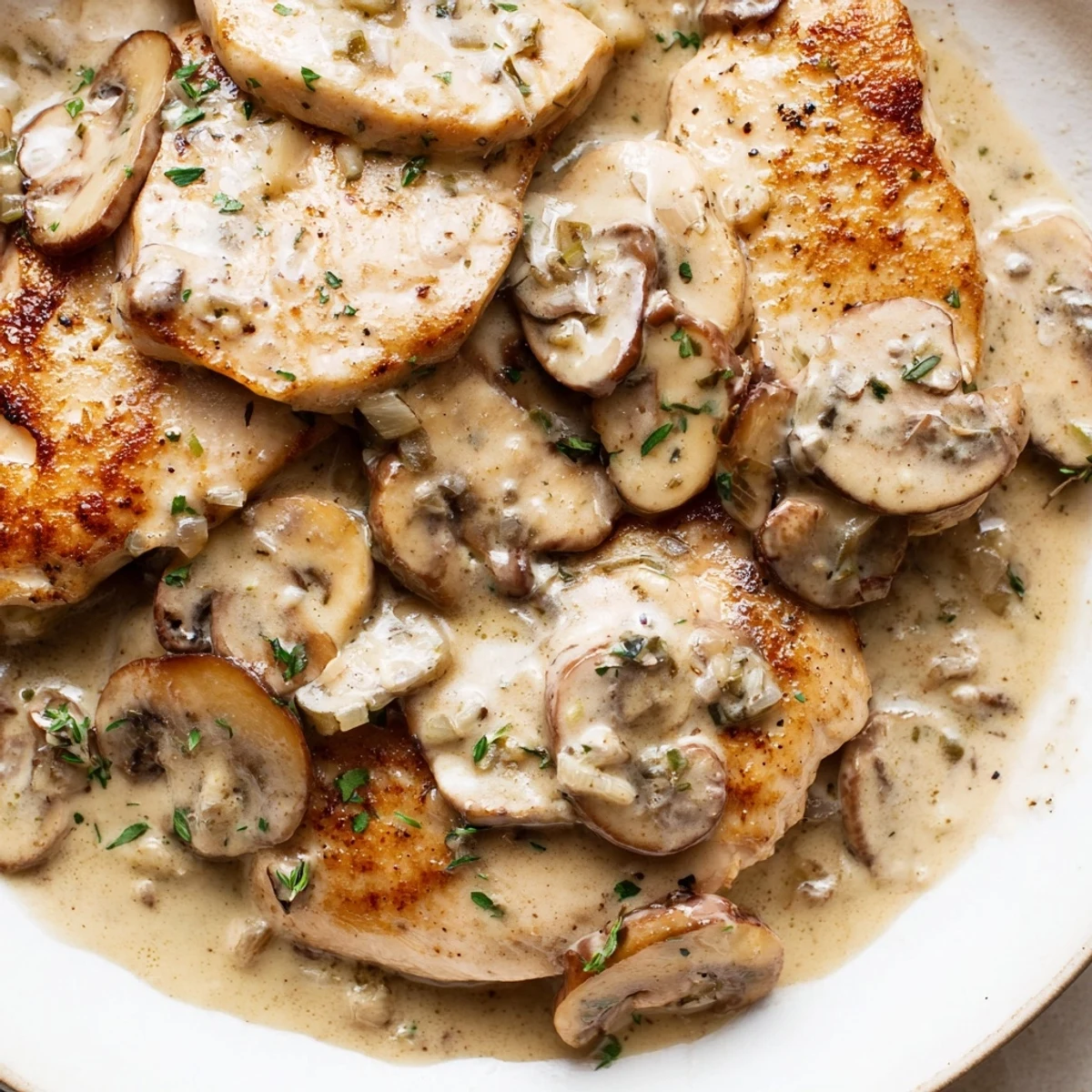 Sizzling skillet of creamy mushroom chicken and herb-crusted potatoes ready to serve