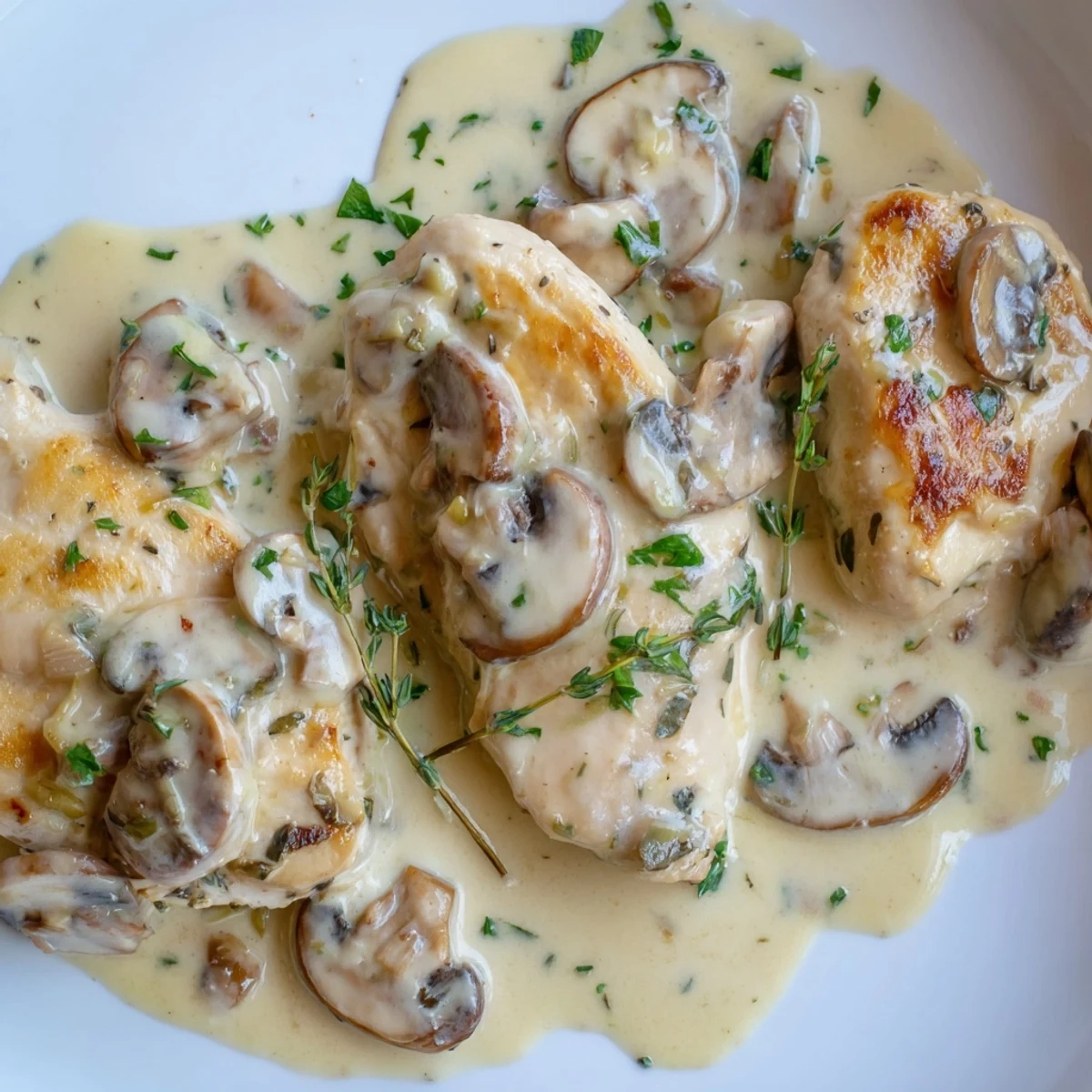 Pan-seared creamy mushroom chicken served over a bed of crispy rosemary roasted potatoes