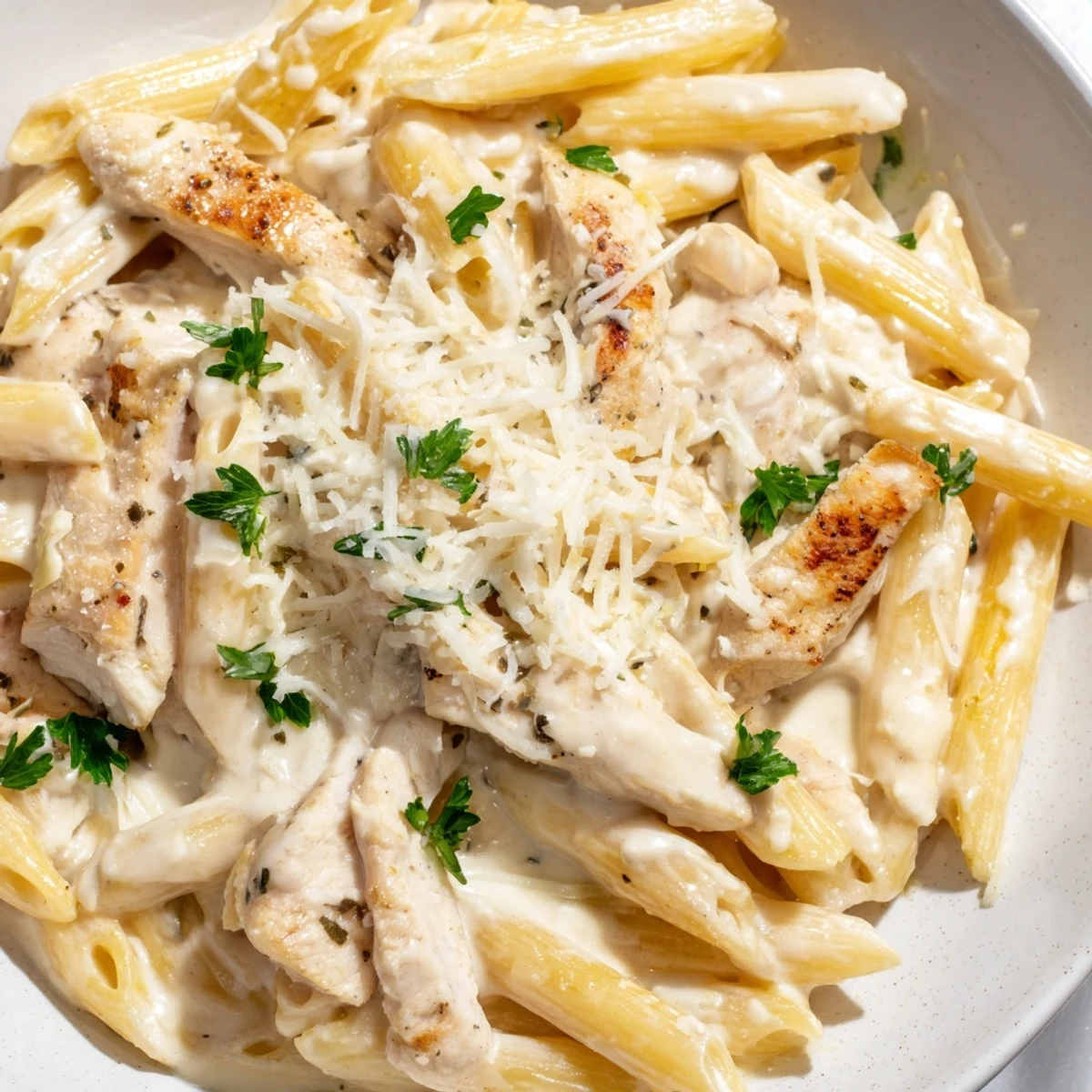 Steaming bowl of Creamy Garlic Parmesan Chicken Pasta coated in rich velvety sauce