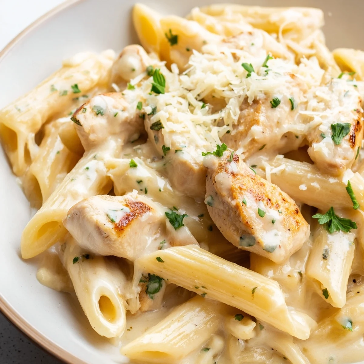 Creamy Garlic Parmesan Chicken Pasta topped with fresh parsley in a rustic skillet