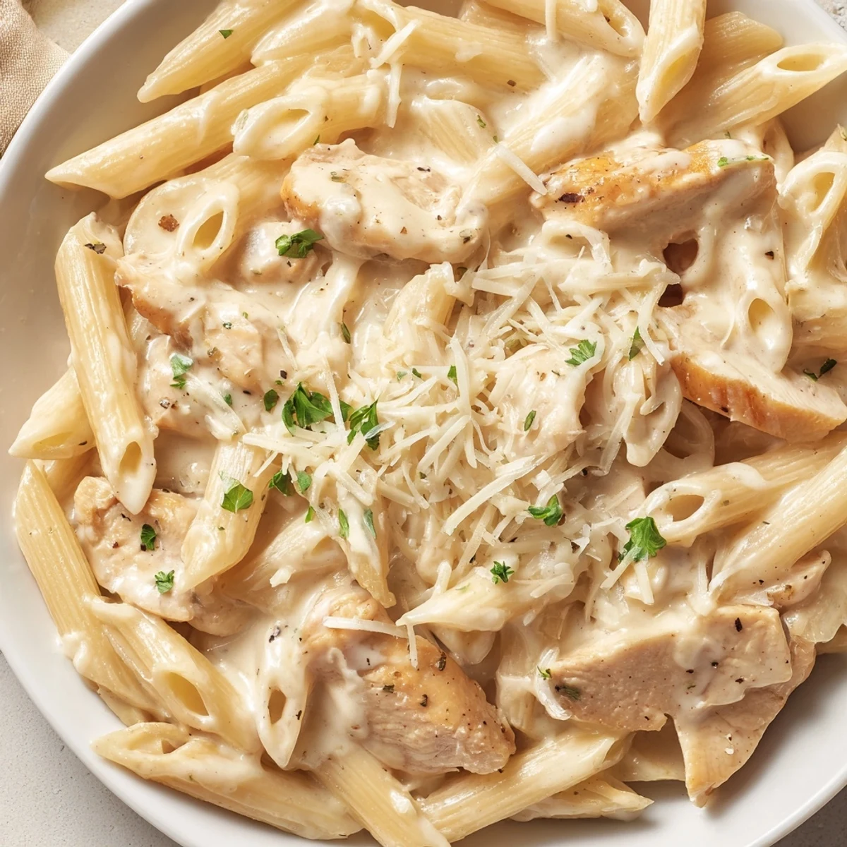 Creamy Garlic Parmesan Chicken Pasta served on a white plate with grated cheese