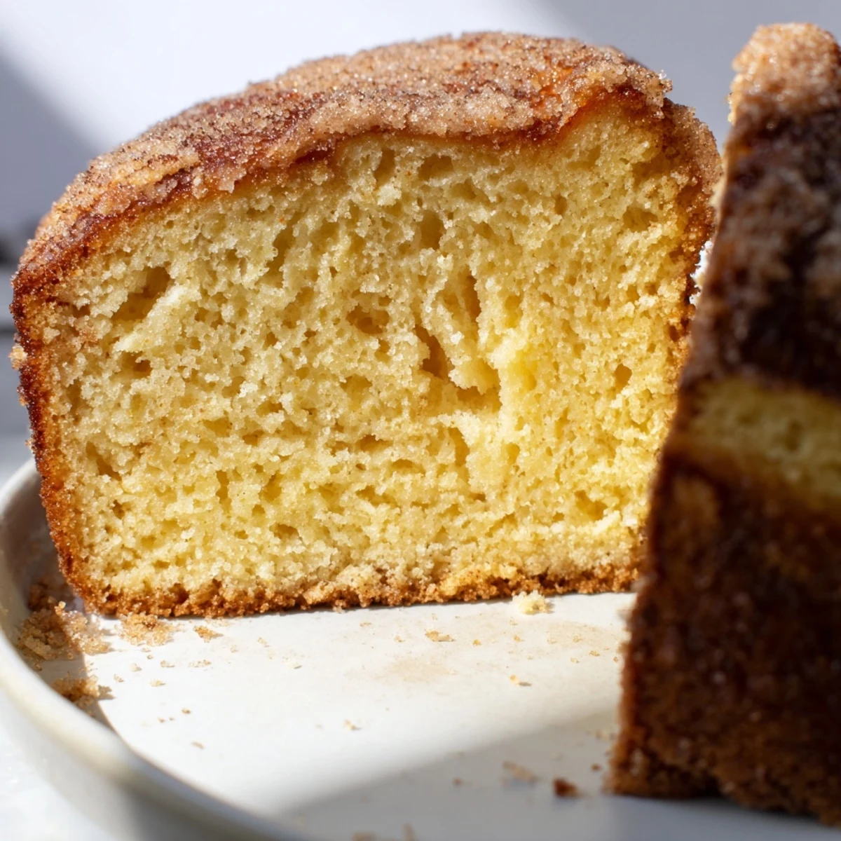 A golden cinnamon donut loaf sliced on a rustic wooden cutting board