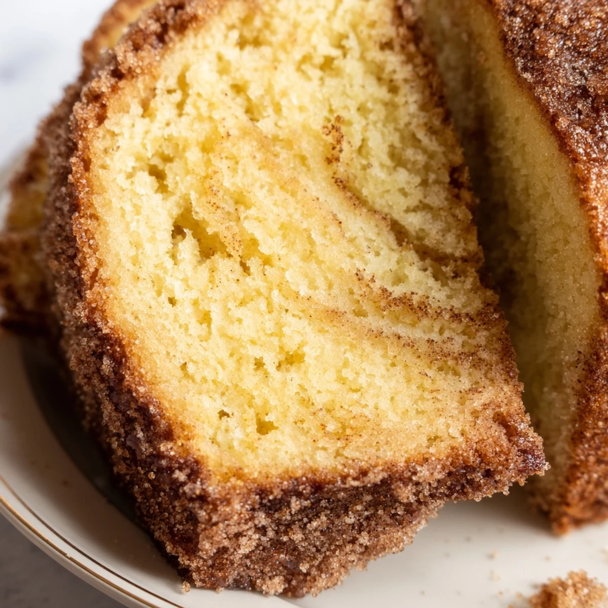 Warm cinnamon donut loaf topped with a sparkling cinnamon sugar crust