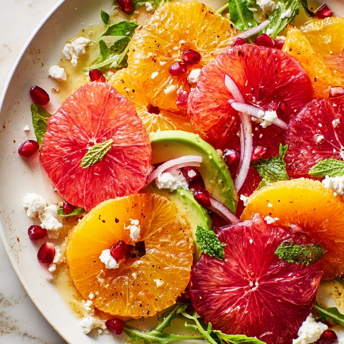 Bright citrus salad with pomegranate arils, creamy avocado slices, and crumbled feta on a platter