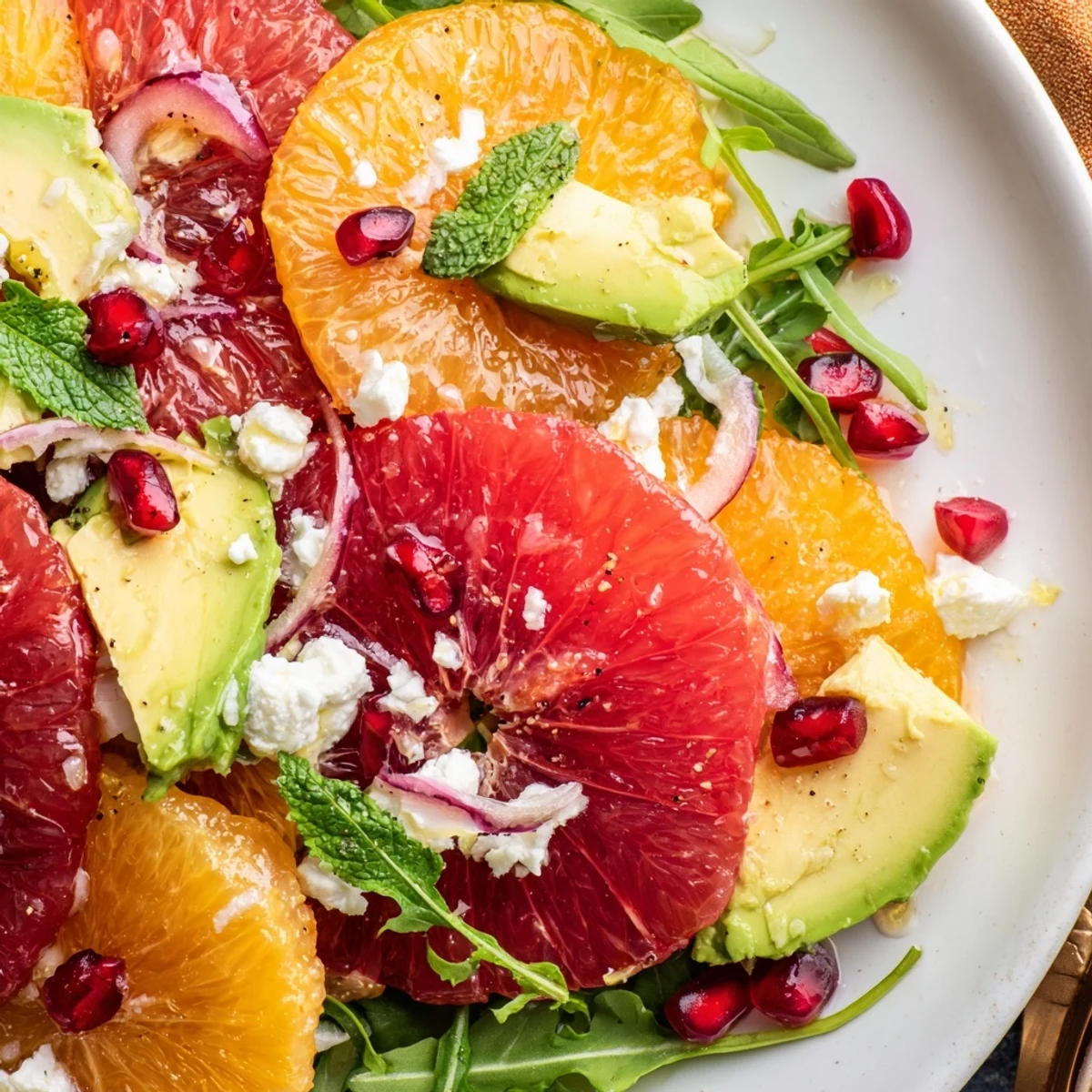 Colorful citrus salad topped with ruby pomegranate seeds, ripe avocado, and salty feta cheese
