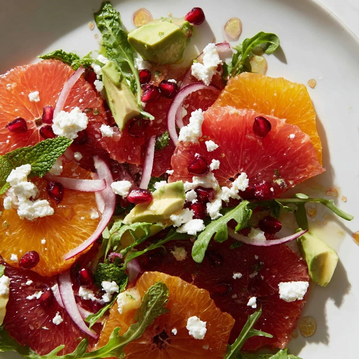 Fresh citrus salad layered with arugula, jewel-like pomegranate, smooth avocado, and tangy feta crumbles