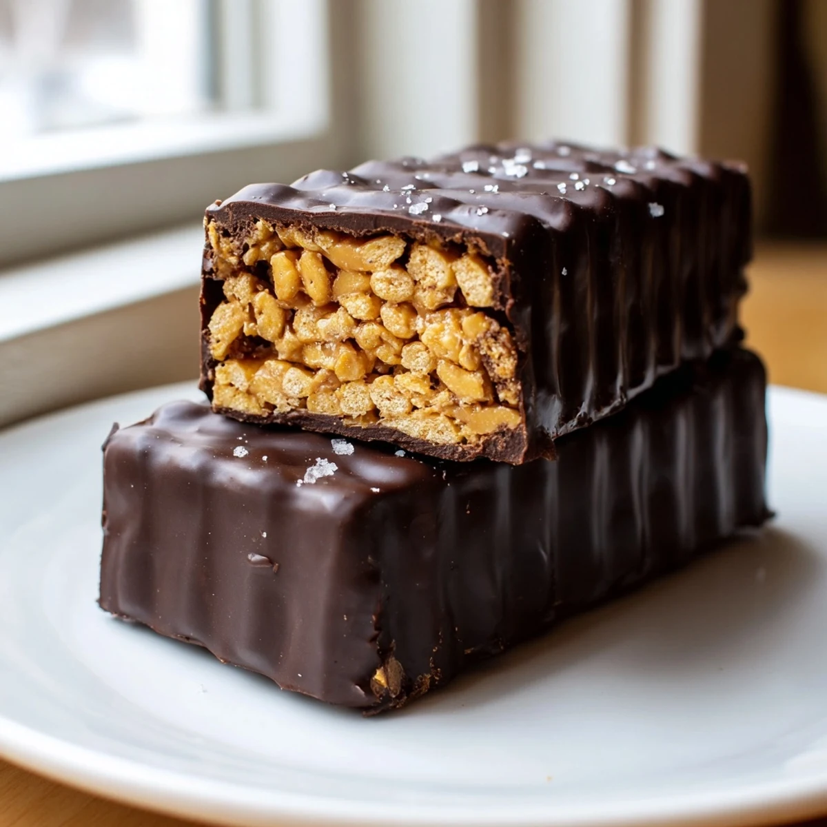 Homemade Butterfingers with a crunchy peanut butter center dipped in glossy dark chocolate