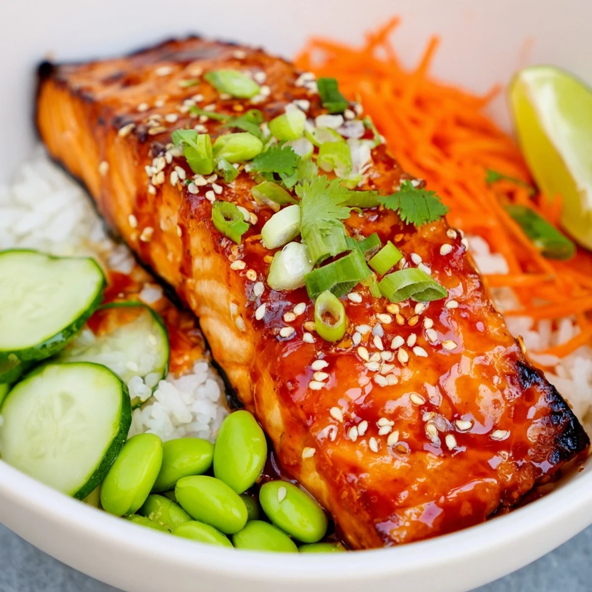 Glossy sriracha honey glazed salmon bowls with vibrant vegetables and steamed white rice