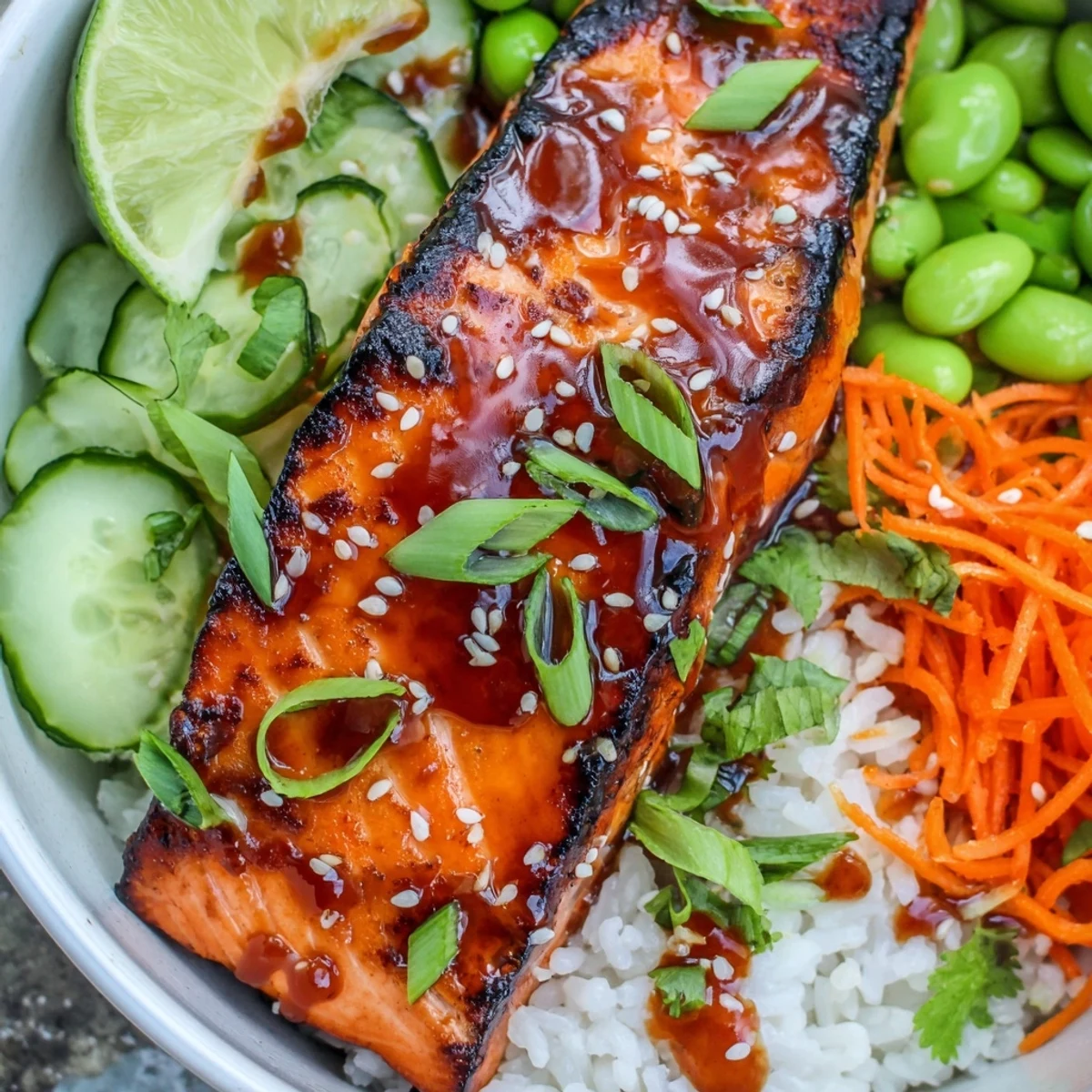 Caramelized salmon fillet resting on rice surrounded by crisp cucumbers and shredded carrots