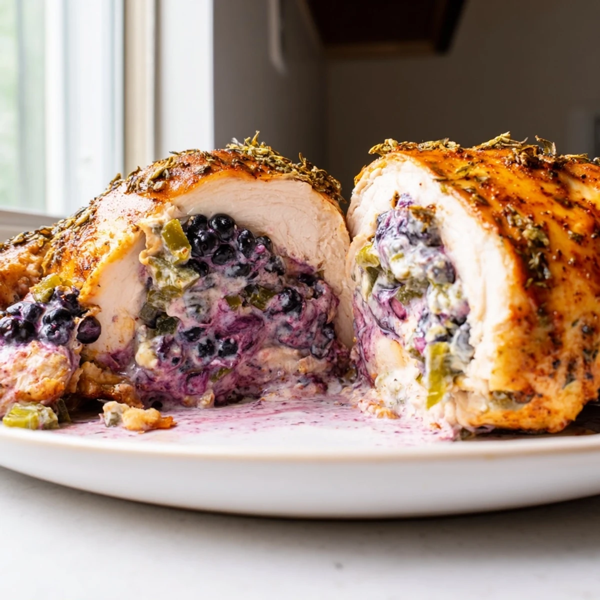 Juicy blackberry jalapeno stuffed chicken oozing with creamy purple-blackberry filling fresh from the oven