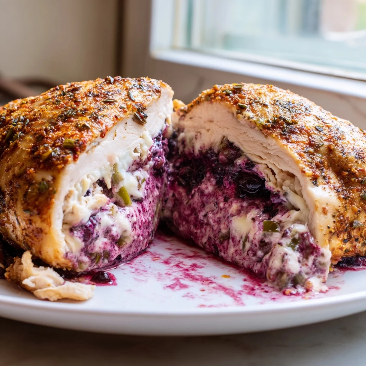Golden baked blackberry jalapeno stuffed chicken sliced open to reveal a bubbly melted cheese and berry center