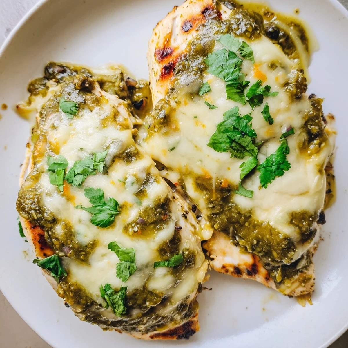 Juicy grilled Pepper Jack chicken topped with melted cheese and vibrant salsa verde