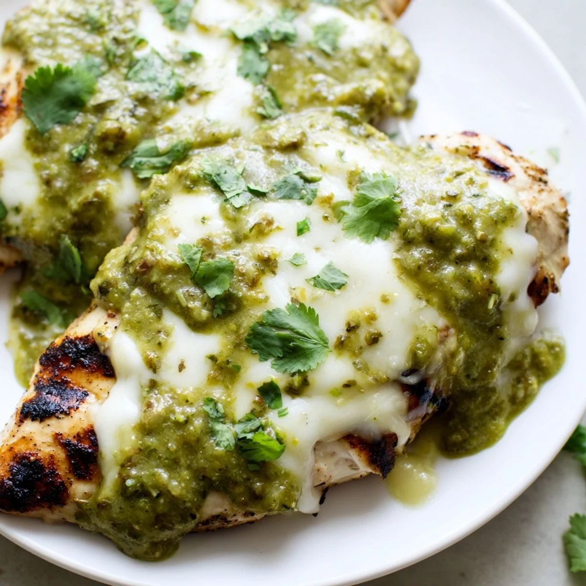 Cheesy salsa verde pepper jack chicken sizzling on a backyard grill with melted cheese
