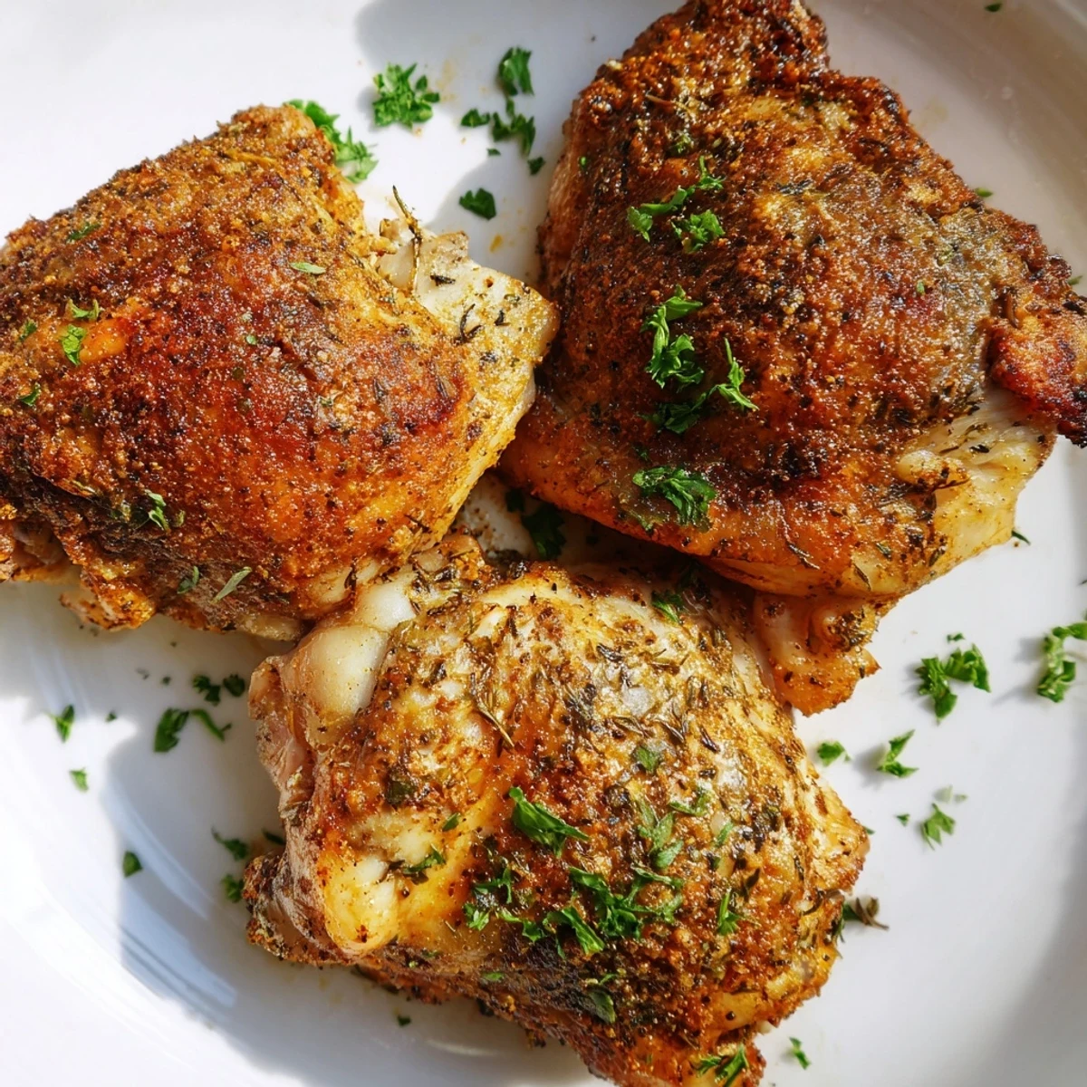 Crispy-skinned oven baked chicken thighs garnished with fresh parsley and lemon wedges on a rustic baking sheet.